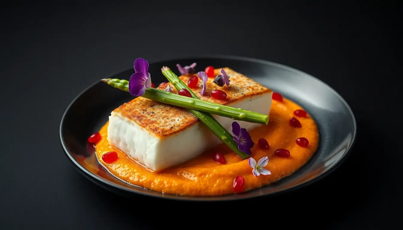 Verfijnd high-dining gerecht met artistieke opmaak